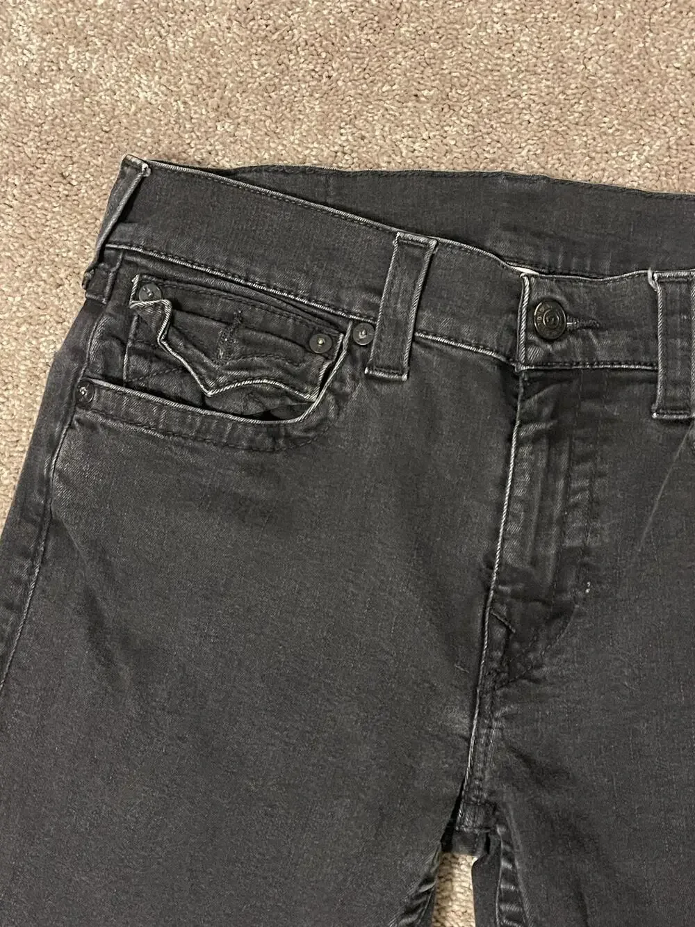 True Religion Jeans Mens 34x32 Black Section Straight Stretch Denim Flap Pockets